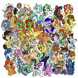 Size: 3099x3099 | Tagged: safe, artist:dawnfire, oc, oc:marina (efnw), oc:peanut bucker, unofficial characters only, bat pony, earth pony, gryphon, orca, orca pony, original species, pegasus, pony, unicorn, bat pony oc, bat wings, clothes, con mascot, earth pony oc, everfree northwest, female, flower, flower in hair, griffon oc, group photo, hard hat, hat, horn, horse collar, image, jpeg, male, mare, open mouth, pegasus oc, simple background, spread wings, stallion, unicorn oc, white background, wings