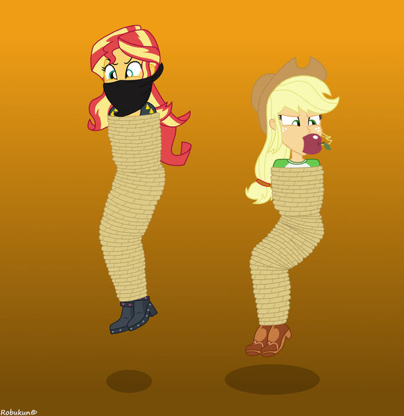 Size: 1280x1317 | Tagged: safe, artist:robukun, derpibooru import, applejack, sunset shimmer, human, equestria girls, apple, apple gag, bondage, cloth gag, duo, duo female, female, food, gag, hopping, image, jpeg, mummification, rope, rope bondage, tied up