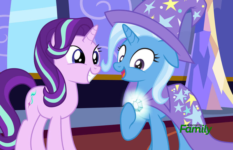 Size: 1280x825 | Tagged: safe, artist:disneymarvel96, derpibooru import, edit, screencap, vector edit, starlight glimmer, trixie, unicorn, brooch, cape, clothes, discovery family, discovery family logo, duo, fake screencap, fake screenshot, female, gem, glow, glowing gems, hat, image, jewelry, jpeg, lesbian, lightup, logo, shipping, startrix, trixie's brooch, trixie's cape, trixie's hat, vector