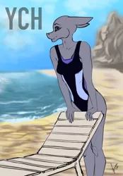 Size: 1640x2360 | Tagged: safe, artist:stirren, derpibooru import, anthro, beach, beach chair, chair, clothes, commission, female, image, ocean, one-piece swimsuit, png, solo, summer, swimsuit, water, your character here