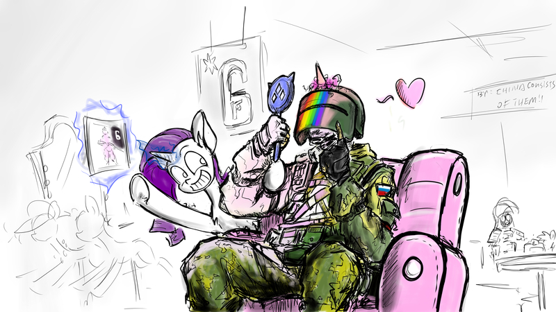 Size: 3200x1800 | Tagged: safe, artist:china consists of them!, derpibooru import, rarity, human, couch, image, jpeg, rainbow six, rainbow six siege, soldier, tachanka