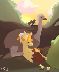 Size: 2461x3005 | Tagged: safe, artist:slimeprnicess, artist:storyteller, derpibooru import, oc, oc:omelette, unofficial characters only, bird, chicken, earth pony, ostrich, pony, animal, chicks, collaboration, colt, foal, image, male, png, smiling, sunset, tree