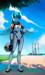 Size: 2000x3279 | Tagged: safe, artist:mrscroup, derpibooru import, oc, unofficial characters only, anthro, pegasus, plantigrade anthro, astronaut, hand on hip, image, jpeg, looking at you, rocket, smiling, solo, spacesuit, spread wings, wings