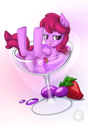 Size: 955x1351 | Tagged: safe, alternate version, artist:mysticalpha, derpibooru import, berry punch, berryshine, earth pony, pony, alcohol, bedroom eyes, berry, butt, digital art, female, food, glass, image, jpeg, looking at you, mare, open mouth, plot, solo, strawberry, tail, wine, wine glass