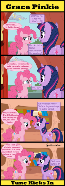 Size: 3230x9250 | Tagged: safe, artist:gutovi, derpibooru import, derpy hooves, pinkie pie, twilight sparkle, earth pony, pegasus, pony, unicorn, comic:grace pinkie, asking, book, bookshelf, butt, cloud, comic, dialogue, egg, eyes closed, female, golden oaks library, grace kelly (song), horn, image, implied rarity, implied spike, jpeg, library, mare, mika, parody, plot, sky, smiling, song reference, speech bubble, text, unicorn twilight, wings, yawn