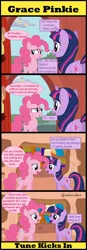 Size: 3230x9250 | Tagged: safe, artist:gutovi, derpibooru import, derpy hooves, pinkie pie, twilight sparkle, earth pony, pegasus, pony, unicorn, comic:grace pinkie, asking, book, bookshelf, butt, cloud, comic, dialogue, egg, eyes closed, female, golden oaks library, grace kelly (song), horn, image, implied rarity, implied spike, jpeg, library, mare, mika, parody, plot, sky, smiling, song reference, speech bubble, text, unicorn twilight, wings, yawn