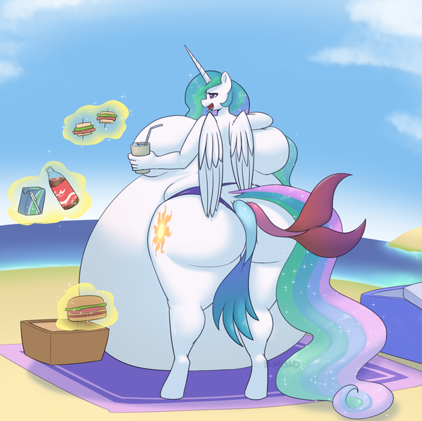 Size: 2751x2745 | Tagged: questionable, artist:puetsua, derpibooru import, princess celestia, alicorn, anthro, unguligrade anthro, beach, bedroom eyes, belly, big belly, big breasts, bikini, bikini bottom, breasts, burger, busty princess celestia, clothes, commission, digital art, drink, female, food, horn, huge belly, huge breasts, hyper, hyper belly, image, impossibly large belly, impossibly large breasts, milk, partial nudity, png, rear view, rearboob, sandwich, soda, solo, standing, swimsuit, tail, thighs, thunder thighs, topless, wings