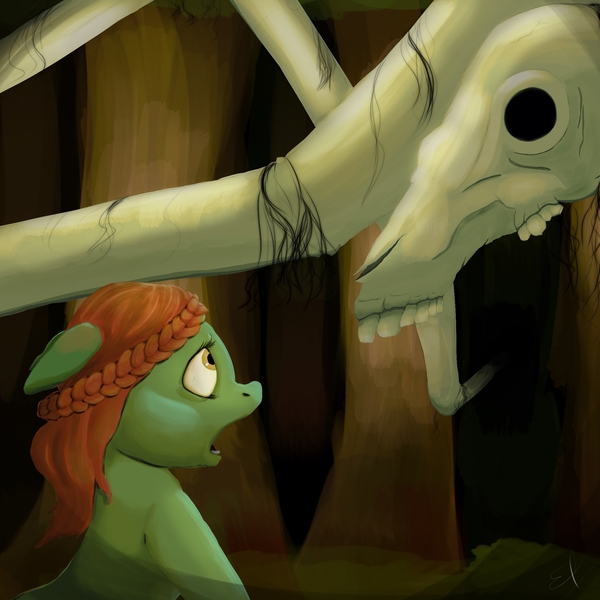 Size: 2160x2160 | Tagged: semi-grimdark, artist:gorebox, derpibooru import, oc, unnamed oc, earth pony, bone, earth pony oc, forest, forest background, horror, image, inspired by another artist, jpeg, long horse, monster, scary, skeleton, skull, spooky, tree, uh oh