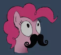 Size: 904x815 | Tagged: safe, artist:splerp, derpibooru import, pinkie pie, earth pony, pony, blue background, bust, facial hair, female, image, jpeg, mare, moustache, simple background