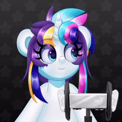 Size: 350x350 | Tagged: safe, artist:partylikeanartist, derpibooru import, oc, oc:indigo wire, unofficial characters only, pony, unicorn, animated, asmr, eye clipping through hair, eyebrows, eyebrows visible through hair, female, gif, image, mare, microphone, ponytail, river, solo, stream, vtuber, water
