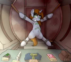 Size: 3200x2800 | Tagged: suggestive, alternate version, artist:datte-before-dawn, oc, oc:littlepip, unofficial characters only, pony, unicorn, fallout equestria, alternate versions at source, bag, belly button, body writing, bodypaint, bondage, captured, explicit source, featureless crotch, female, gun, image, implied prostitution, mare, png, price tag, saddle bag, solo, train car, weapon