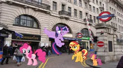 Size: 3294x1821 | Tagged: safe, artist:cloudyglow, artist:hubfanlover678, artist:reginault, artist:sketchmcreations, artist:tamalesyatole, derpibooru import, pinkie pie, scootaloo, sunset shimmer, twilight sparkle, twilight sparkle (alicorn), alicorn, earth pony, pegasus, pony, unicorn, england, female, filly, foal, image, irl, london, mare, photo, png, ponies in real life