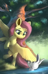 Size: 3200x4900 | Tagged: safe, artist:auroriia, derpibooru import, fluttershy, pegasus, pony, rabbit, :o, animal, cute, female, high res, image, leg fluff, mare, open mouth, png, river, shyabetes, solo, spread wings, tree, water, wing hands, wings