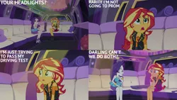 Size: 1280x720 | Tagged: safe, derpibooru import, edit, edited screencap, editor:quoterific, screencap, rarity, sunset shimmer, driving miss shimmer, equestria girls, equestria girls series, bracelet, clothes, cutie mark, cutie mark on clothes, driving miss shimmer: rarity, duo, duo female, female, geode of empathy, geode of shielding, high heels, image, jewelry, jpeg, leather, leather vest, limousine, magical geodes, necklace, open mouth, rarity peplum dress, shoes, smiling, text, vest