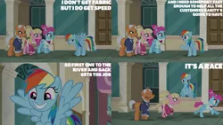 Size: 1280x720 | Tagged: safe, derpibooru import, edit, edited screencap, editor:quoterific, screencap, rainbow dash, earth pony, pegasus, pony, unicorn, season 6, the saddle row review, eyes closed, female, flying, grin, image, jpeg, mare, open mouth, open smile, smiling, spread wings, text, walking, wings