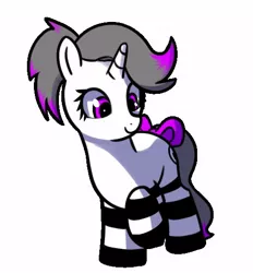 Size: 486x524 | Tagged: safe, artist:neuro, derpibooru import, oc, oc:hazel radiate, unofficial characters only, pony, unicorn, bow, clothes, cute, eyelashes, female, filly, foal, highlights, horn, image, jpeg, mare, ponytail, purple eyes, simple background, smiling, socks, solo, striped socks, tail, tail bow, transparent background, unicorn oc