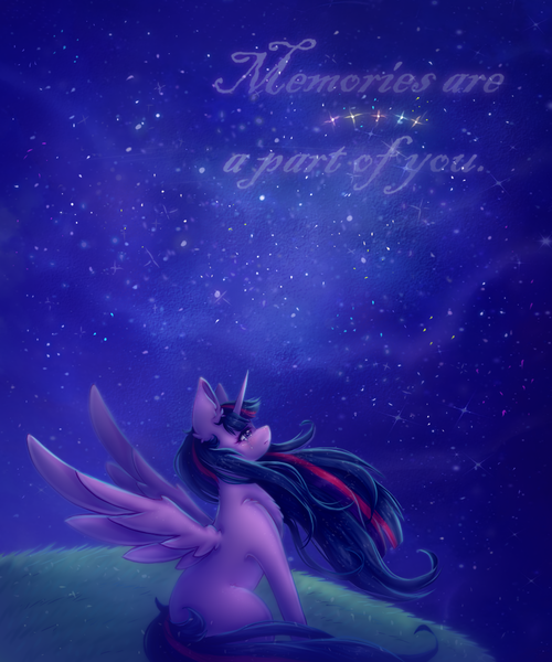 Size: 1000x1200 | Tagged: safe, artist:saltyvity, derpibooru import, twilight sparkle, twilight sparkle (alicorn), alicorn, pony, blue hair, blushing, crying, fanart, grass, image, memories, night, png, purple eyes, sad, sky, solo, sparkles, stars, the cosmos