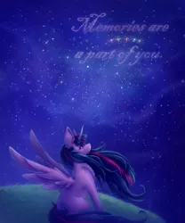 Size: 1000x1200 | Tagged: safe, artist:saltyvity, derpibooru import, twilight sparkle, twilight sparkle (alicorn), alicorn, pony, blue hair, blushing, crying, fanart, grass, image, memories, night, png, purple eyes, sad, sky, solo, sparkles, stars, the cosmos