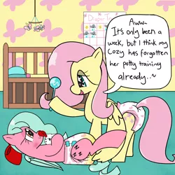 Size: 2500x2500 | Tagged: suggestive, artist:duckchip, derpibooru import, angel bunny, fluttershy, oc, oc:cozycurrents, pegasus, commission, crib, crib mobile, cutie mark, diaper, diaper fetish, diaper training, duo, duo female, female, fetish, image, pacifier, png, potty training, shiny eyes, spread wings, starry eyes, wet diaper, wingding eyes, wings