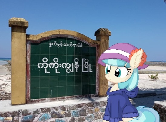 Size: 548x404 | Tagged: safe, artist:cyanlightning, derpibooru import, edit, coco pommel, earth pony, pony, burmese, coco islands, hat, image, irl, jpeg, myanmar, photo, ponies in real life, pun