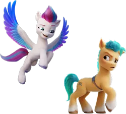 Size: 939x849 | Tagged: safe, derpibooru import, hitch trailblazer, zipp storm, earth pony, pegasus, pony, duo, duo male and female, female, flying, g5, image, looking back, looking down, male, mare, open mouth, png, raised eyebrow, raised hoof, simple background, smiling, smirk, spread wings, stallion, transparent background, wings
