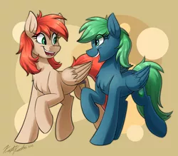 Size: 3200x2800 | Tagged: safe, artist:kaylerustone, derpibooru import, oc, oc:emerald, oc:firefly, unofficial characters only, pegasus, pony, female, image, jpeg, looking at each other, looking at someone, mare, raised hoof, simple background, smiling