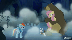 Size: 640x360 | Tagged: safe, derpibooru import, screencap, angel bunny, fluttershy, harry, rainbow dash, bear, pegasus, pony, rabbit, 28 pranks later, season 6, animal, animated, female, gif, gifs.com, hug, image, male, mare, night, open mouth, open smile, scared, smiling, spread wings, wings
