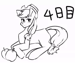 Size: 857x721 | Tagged: safe, artist:mugitya012, derpibooru import, applejack, earth pony, pony, apple, applejack's hat, black and white, cowboy hat, female, food, grayscale, hat, image, japanese, jpeg, looking at you, mare, monochrome, moon runes, simple background, solo, white background