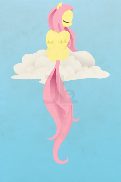 Size: 1200x1800 | Tagged: safe, artist:joellethenose, derpibooru import, fluttershy, pegasus, pony, blue background, cloud, eyes closed, female, folded wings, image, jpeg, light blue background, lineless, long tail, mare, obtrusive watermark, on a cloud, rear view, simple background, sitting, sitting on cloud, solo, tail, watermark, wings