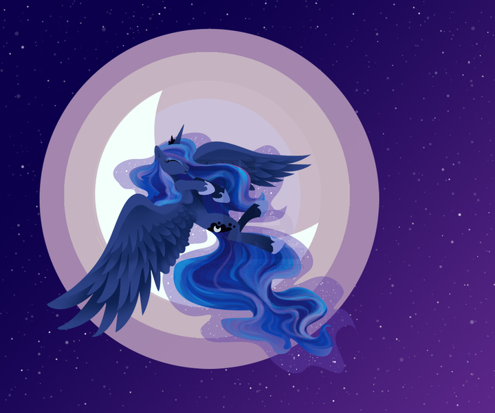 Size: 1800x1500 | Tagged: safe, artist:joellethenose, derpibooru import, princess luna, alicorn, pony, eyes closed, female, flying, image, jewelry, jpeg, mare, moon, night, regalia, sky, smiling, solo, spread wings, stars, watermark, wings