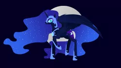 Size: 1200x675 | Tagged: safe, artist:joellethenose, derpibooru import, nightmare moon, alicorn, pony, blue background, female, image, jewelry, jpeg, lineless, looking at you, mare, moon, profile, raised hoof, regalia, simple background, slit pupils, solo, spread wings, standing, wings