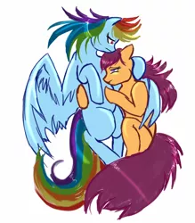 Size: 1400x1600 | Tagged: safe, artist:yorukami, derpibooru import, rainbow dash, scootaloo, pegasus, pony, duo, female, frown, holding each other, hoof on head, hug, image, lesbian, mare, missing cutie mark, older, older scootaloo, png, sad, scootadash, shipping, simple background, white background, winghug, wings