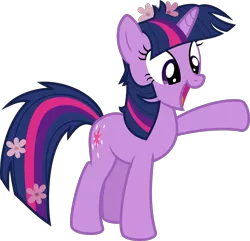 Size: 1884x1819 | Tagged: safe, alternate version, artist:sollace, derpibooru import, twilight sparkle, pony, unicorn, it's about time, .svg available, clean, cute, derpibooru exclusive, dirty, flower, flower in hair, image, messy mane, mud, open mouth, png, raised hoof, simple background, solo, transparent background, twilynanas, unicorn twilight, vector