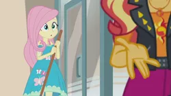 Size: 3410x1920 | Tagged: safe, derpibooru import, screencap, fluttershy, sunset shimmer, equestria girls, equestria girls series, so much more to me, :o, broom, clothes, cute, cutie mark, cutie mark on clothes, duo, duo female, female, geode of empathy, geode of fauna, high res, image, jewelry, jpeg, leather, leather vest, magical geodes, necklace, open mouth, shyabetes, vest