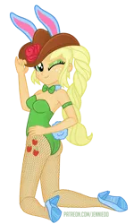 Size: 600x1000 | Tagged: suggestive, artist:jennieoo, derpibooru import, applejack, rabbit, equestria girls, animal, animal costume, braid, bunny costume, bunny ears, bunny suit, butt, clothes, costume, cowboy hat, eyeshadow, hat, high heels, image, looking at you, makeup, one eye closed, playboy bunny, playboy bunny applejack, png, ponytail, sexy, shoes, show accurate, simple background, solo, stupid sexy applejack, transparent background, vector, wink, winking at you