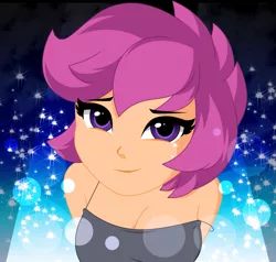 Size: 1163x1106 | Tagged: safe, artist:rosemile mulberry, derpibooru import, scootaloo, equestria girls, breasts, bust, busty scootaloo, cleavage, clothes, cute, cutealoo, female, image, looking at you, older, older scootaloo, png, raised eyebrow, smiling, smiling at you, solo, sparkles, tanktop, updated design