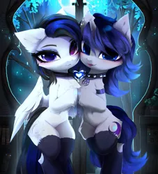 Size: 3333x3666 | Tagged: safe, artist:magnaluna, derpibooru import, oc, oc:moonlit silver, unofficial characters only, pegasus, pony, unicorn, clothes, collar, cute, duo, duo female, female, image, jpeg, socks, stockings, thigh highs