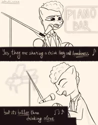 Size: 1697x2160 | Tagged: safe, artist:d3f4ult_4rt1st, derpibooru import, oc, ponified, earth pony, pony, billy joel, clothes, emotional, image, lyrics, microphone, musical instrument, necktie, piano, piano man, png, singing, sketch, solo, suit, text