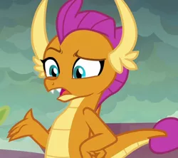 Size: 810x719 | Tagged: safe, derpibooru import, screencap, smolder, dragon, sweet and smoky, confused, cropped, dragoness, female, hand on hip, image, png, raised eyebrow, solo, solo focus