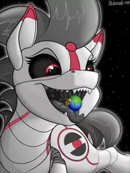 Size: 1683x2243 | Tagged: safe, artist:rubiont, derpibooru import, oc, oc:rubiont, pony, robot, robot pony, 8/8, image, macro, macro/micro, open mouth, planet, png, space, tongue out, vore, vore day, voreday 2022
