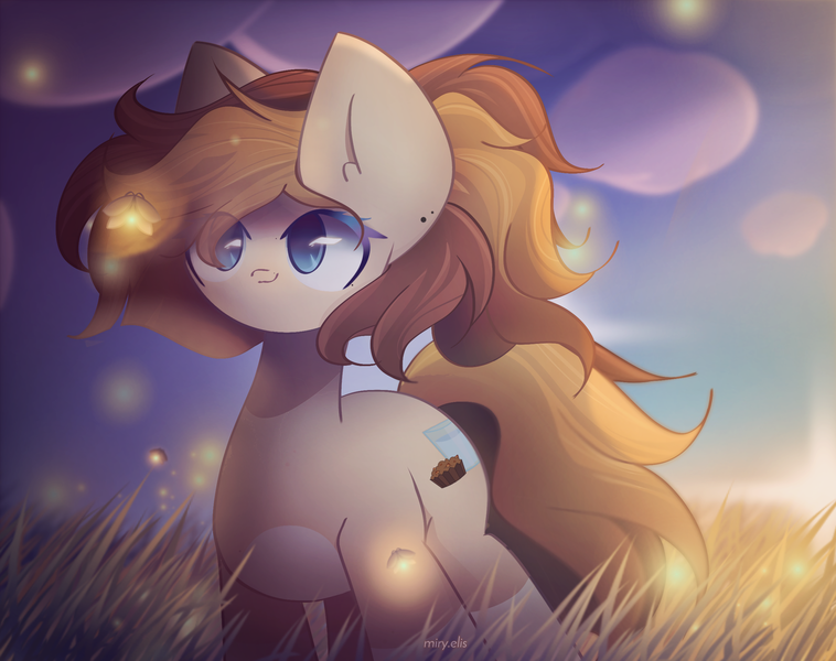 Size: 2400x1900 | Tagged: safe, artist:miryelis, derpibooru import, firefly, oc, unofficial characters only, earth pony, pony, cloud, cutie mark, field, gradient hooves, image, png, sky, smiling, solo, standing, sunset, wind, windswept mane