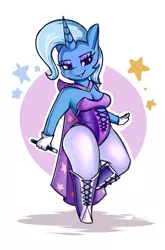 Size: 1753x2661 | Tagged: safe, artist:andelai, derpibooru import, trixie, anthro, unicorn, belly, boots, breasts, cape, cleavage, clothes, corset, gloves, hips, horn, image, looking at you, magic wand, png, pudgy, shoes, solo, thighs, thunder thighs, tights, unicorn horn, wide hips