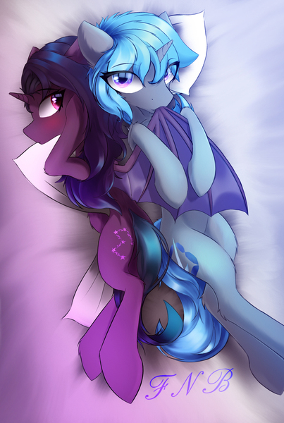 Size: 1080x1606 | Tagged: safe, artist:fnb, derpibooru import, oc, oc:ling, oc:zero, bat pony, pony, unicorn, duo, image, jpeg, looking at you