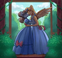 Size: 2655x2484 | Tagged: safe, artist:kittytitikitty, derpibooru import, oc, oc:cold front, oc:disty, unofficial characters only, anthro, pegasus, unicorn, anthro oc, clothes, dress, duo, gay, horn, image, kissing, male, pegasus oc, png, unicorn oc, wings