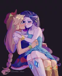 Size: 1800x2200 | Tagged: safe, artist:kameko_mikan, derpibooru import, applejack, rarity, equestria girls, blushing, clothes, cuddling, dress, drunk, duo, female, image, jpeg, lesbian, lidded eyes, pony ears, rarijack, shipping, sitting on lap, surprised, wide eyes