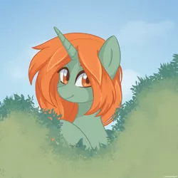 Size: 1536x1536 | Tagged: safe, artist:chickenbrony, derpibooru import, oc, pony, unicorn, bush, image, jpeg, looking at you, orange eyes, redhead, smiling, solo