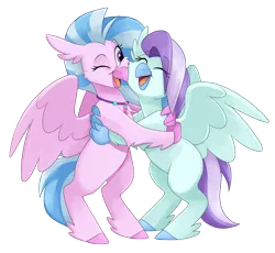 Size: 3042x2799 | Tagged: safe, artist:luximus17, derpibooru import, silverstream, oc, oc:ocean breeze, oc:ocean breeze (savygriffs), classical hippogriff, hippogriff, canon x oc, duo, hippogriff oc, hug, image, oceanstream, one eye closed, png, wink