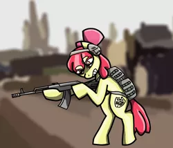 Size: 1500x1282 | Tagged: semi-grimdark, artist:halfaman, derpibooru import, apple bloom, earth pony, pony, ak-74m, backpack, bipedal, blurry background, customized toy, derpibooru exclusive, escape from tarkov, fight, headphones, image, irl, photo, pmc, png, solo, toy