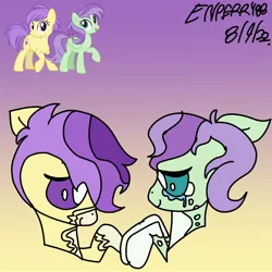 Size: 2048x2048 | Tagged: safe, artist:enperry88, derpibooru import, berry sweet, violet twirl, earth pony, pegasus, pony, berrytwirl, coat markings, crying, duo, duo female, female, friendship student, gradient background, happy, holding, holding hooves, image, jpeg, lesbian, looking at each other, looking at someone, love, mare, pinto, raised hoof, shipping, simple background, smiling, smiling at each other, socks (coat marking), tears of joy, violet background, yellow background