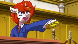 Size: 4000x2256 | Tagged: safe, artist:witchtaunter, derpibooru import, oc, ponified, pony, unicorn, ace attorney, angry, clothes, commission, courtroom, floppy ears, image, male, necktie, objection, phoenix wright, png, reference, solo, stallion, suit, unshorn fetlocks, yelling